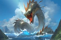 a dragon with its mouth open standing in the water next to some rocks and mountains