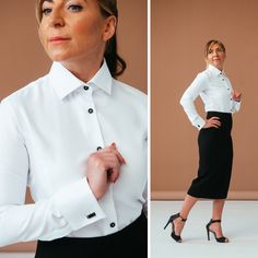 Premium quality white french cuff blouse for women from Luxury 100% cotton. Model designed with black buttons and elegant french cuffs for cufflinks. Elegant womens clothing tops.  Women's  french cuffs dress shirt designed with double cuffs for cufflinks. Style of this elegant collared shirt is ideal for the office, for business meeting, for wedding and casual events. This fitted blouse looks georgeous as elegant evening top, what you can wear as your wedding blouse or as for wedding guest. The Timeless Formal Blouse With Button Closure, Timeless Collared Office Shirt, Timeless Collared Shirt For Office, Timeless Office Blouse With Buttons, Classic Fitted Blouse With Button Cuffs, Fitted Classic Blouse With Button Cuffs, Timeless Formal Button-up Blouse, Classic Formal Button-up Blouse, Timeless Fitted Business Blouse