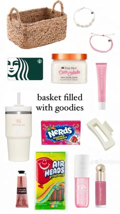 the contents of a basket filled with goodies