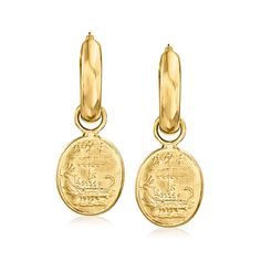 Italian Tagliamonte 18kt Gold Over Sterling Ulysses Hoop Drop Earrings. An innovative design from the well-regarded Italian designer Tagliamonte, these charming hoop earrings feature removable drops inscribed with depictions of the literary hero Ulysses. The versatile pair is refined enough to complement any outfit, yet still promotes uniqueness with its culturally significant design! Crafted in satin and polished 18kt yellow gold over sterling silver. Hanging length is 1 7/8". Snap-bar, 18kt go Hoop Drop Earrings, Jewelry Essentials, Italian Designer, Fine Jewellery Earrings, Jewelry Earrings Hoops, Sterling Earrings, Italian Design, The Well, Metallic Silver