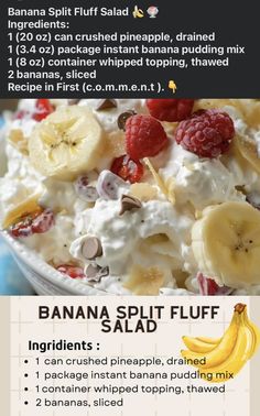 banana split fluff salad recipe in a bowl with fruit on top and the ingredients list below