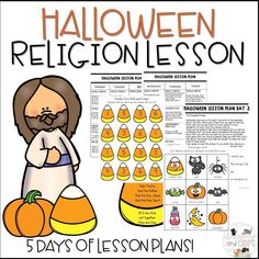 A full week of Halloween for Pre-K and Kindergarten religion! This lesson plan has 5 days worth of activities and lessons for you that is ready to print. There is very little prep for the teacher. This lesson has: weekly overview of Halloween Lesson Pumpkin Prayer Lesson Pumpkin Prayer cards and coloring page Candy Corn Trinity Lesson Candy Corn Trinity coloring page Memory verse pocket chart cards and coloring page Scavenger hunt with Halloween pictures Discussion points and cards for when we a Candy Corn Trinity, Pumpkin Prayer, Windsock Craft, Halloween Lesson Plans, Jesus Calms The Storm, Christian Preschool, Christian Activities, Calming The Storm