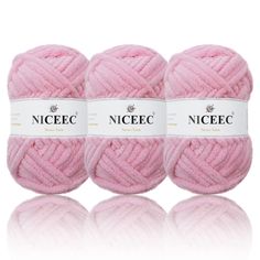 three balls of pink yarn with the words nicec written on them in white lettering