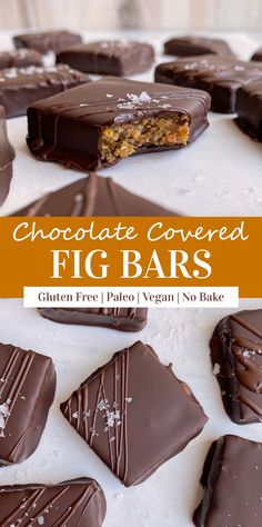 chocolate covered fig bars are arranged on a table