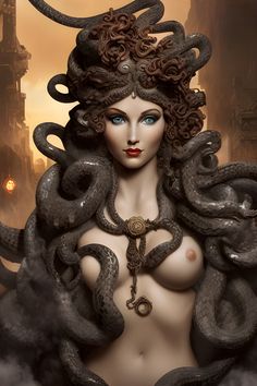 an image of a woman with snakes on her head in the air and steampunky hair