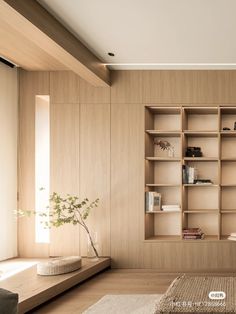 a living room filled with lots of wooden shelves