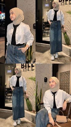 Jeans Outfit Muslim Women, Rok Jeans Hijab Ootd, Ootd Rok Jeans Hijab, Celana Jins Wanita, Outfit Hijab Casual Rok, Skirt Outfits Hijab, Outfit Hijab Ideas, Foto Ootd