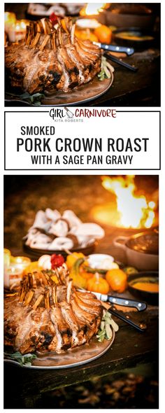 smoked pork crown roast with sage pan gravy on the side and another photo of grilled pork