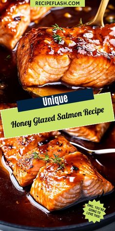 honey glazed salmon recipe in a skillet with spoons on the side and title below