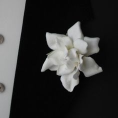 a white flower sitting on top of a black suit lapel cover next to two buttons