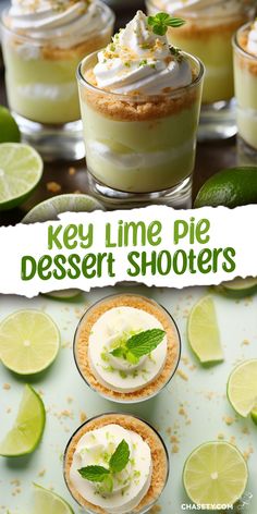 key lime pie dessert shooters in small glass dishes with limes around the edges and on top