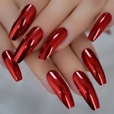 Red Chrome Nails, Pink Gel Nails, Red Acrylic Nails, Red Nail Designs, Red Nail, Metallic Nails, Fancy Nails