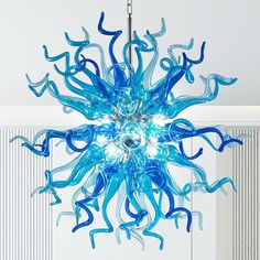 HIGH-END QUALITY- The art chandelier using 100% hand blown murano dark-blue and light-blue glass in a beautiful colour with light transmission anti-scratch and heat dissipation, long lifetime. giving you crystal clear and fresh art feel. SPECIFICATIONS- Size: 20"Dia / 28"Dia / 32"Dia(Size and color can be customized); G4 bulbs are included with a 36" adjustable chain rope, and instructions for all hardware and installation parts are included. If you put it on a dimmer circuit and use a dimmable LED bulb, you will get some fantastic colors. DECOR HOME- Unique designde element with acrylic glass shape, The modern minimalist make your room fashion and a sense of space. Color Your Space and Mesmerize Yourself and Your Guests with this Stunning Handmade Conversation Piece, Recommend to decor yo Tiffany Style Ceiling Lights, Tiffany Style Floor Lamps, Living Room Art Decor, Living Room Staircase, Hand Blown Glass Chandelier, Room Art Decor, Decor Ceiling, Chandelier Glass, Blown Glass Chandelier