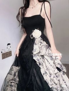 New Fashion Dress, Black Korean, Elegant Midi Dress, 2024 Spring Summer, Elegant Midi Dresses, Women Flower