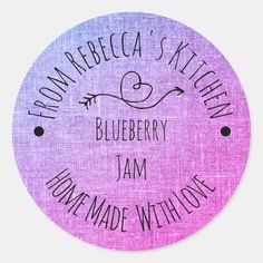 the blueberry jam label is shown in pink and purple