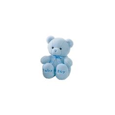 a blue teddy bear with the word baby boy on it's chest sitting in front of a white background