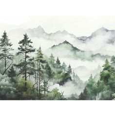 a watercolor painting of trees and mountains in the foggy sky with white clouds