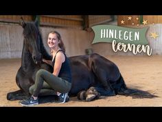 a woman sitting on the ground next to a black horse in an indoor area with stars