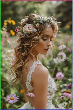 a woman with long hair and flowers in her hair wearing a flower crown on her head