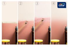 three images showing how to paint a wall with pink and yellow paints on the walls