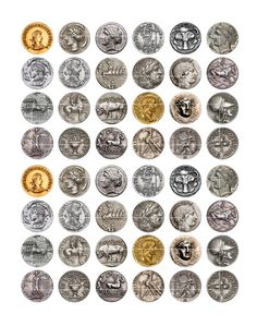 an assortment of roman coins on a white background