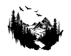 a mountain with trees and birds flying over it