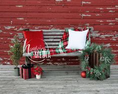 a wooden bench with christmas decorations on it