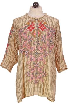 Multicolored Grid Patterned Irma Blouse with Embroidery by Johnny Was Tunic Style, Grid Pattern, Tunic Styles, Way Down, Elbow Length Sleeve, Western Wear