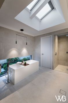 a modern bathroom with skylights above the bathtub