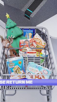 a shopping cart filled with children's books and toys