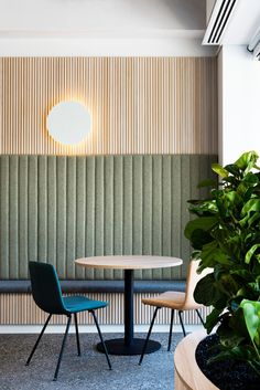 two chairs and a table in an office setting with vertical blinds on the wall behind them