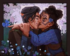 two people that are hugging each other in front of some flowers and butterflies on the ground