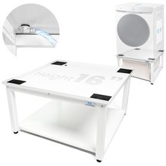 an image of a table with a washing machine on it's side and the top open