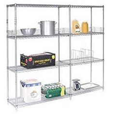 four shelf shelving unit with various items on the top and bottom shelves, each holding food