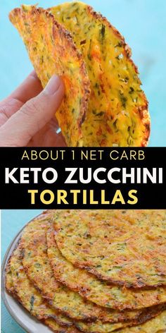 a person holding up a piece of food with the words about net carb keto zucchini tortillas