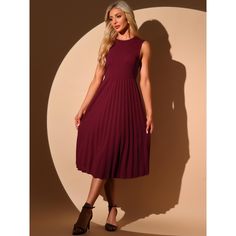 This elegant midi dress is perfect for both office and evening events. Made from a soft knit fabric, it ensures comfort while maintaining a stylish look. The sleeveless design is ideal for layering or wearing alone in warmer weather. A pleated ruffle hem adds a touch of femininity and sophistication, offering a dynamic and elegant appearance. The dress comes in various sizes, each designed to provide a flattering fit. Whether you're at a formal gathering or a casual outing, this versatile dress Knee-length Solid Color Midi Dress With Pleated Bodice, Fit And Flare Knee-length Midi Dress With Pleated Hem, Feminine Midi Dress With Pleated Waist And V-neck, Solid Pleated V-neck Midi Dress, Red Ruffled Knee-length Midi Dress, Elegant Midi Dress, Flowy Midi Dress, Ruffle Fabric, Elegant Midi Dresses