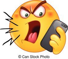 an angry emotictor holding a cell phone