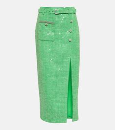 Sequined embellished bouclé midi skirt in green - Self Portrait | Mytheresa Self Portrait Clothing, Flare Maxi Skirt, Portrait Dress, Perfect Cocktail Dress, Alexander Mcqueen Clothing, Soft Gamine, Denim Midi Dress, Metallic Skirt, Boucle Jacket