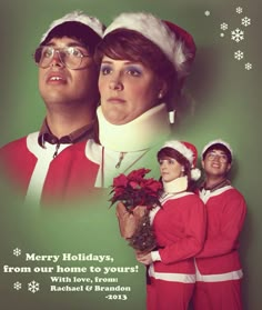 a movie poster with two people dressed as santa clause and one woman in red is holding a potted plant