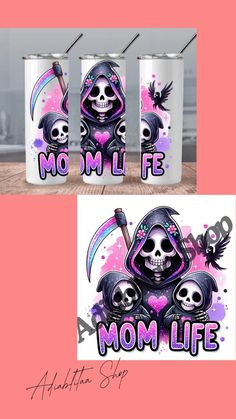 two cans with the words mom life painted on them and one has a skull holding an umbrella