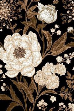 a black and gold floral wallpaper with white flowers