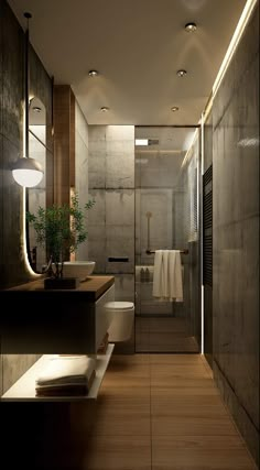 a modern bathroom with wood flooring and walls