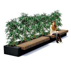 a woman sitting on a bench reading a book in front of a row of plants