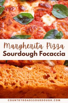 a close up of a pizza with basil on top and the text overlay reads,'magnificenta pizza sourdouugh focacia