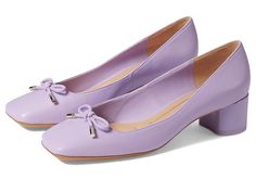 Franco Sarto Natalia Square Toe Block Heel Pumps with Bow - High Heels : Lilac Purple Leather : Modish and comfortable, the Franco Sarto Natalia Square Toe Block Heel Pumps with Bow is crafted from leather upper, and Eco-conscious linings with soft + sustainable comfort. It features low top silhouette, low heel, and slip-on style. Polyurethane outsole. Imported. Measurements: Heel Height: 1 3 4 in Weight: 8.5 oz Product measurements were taken using size 7, width M. Please note that measurements may vary by size. Chic Purple Square Toe Heels, Purple Block Heels, Purple Square Toe Leather Heels, Heels Lilac, Korean Heels, Purple Mary Janes, Summer Purple Heels With 4-inch Heel, Merrell Hiking Boots, Bow High Heels