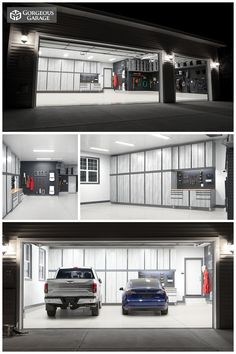 three different views of the inside of a garage with two cars parked in front of it