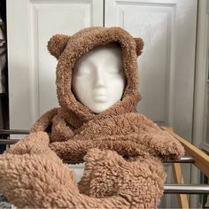 Brown Fuzzy Bear Hood With Scarf For Adult Asymmetrical Sides, Shorter Part Of Scarf Measures Approx 22”, Longer Side Measures Approx 40” No Tags, Never Worn Super Cute And Soft! Bear Hat, Adult Coloring, Super Cute, Knitwear, Women Accessories, Hats, Knitting, Women Shopping, How To Wear