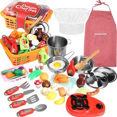 an assortment of cooking utensils and other kitchenware on a white background with a red checkered apron