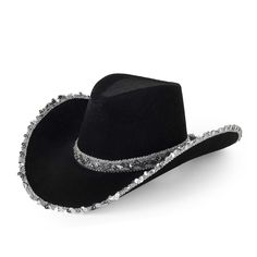 YIWU EVERGROWING CAP LIMITED Costume Accessories Glam Cowgirl Hat for Adults, Black and Silver 810120716695 Grey Cowgirl Hat, Black And White Cowgirl Hat, Cowgirl Hats Black, Black And Silver Cowboy Hat, Cowgirl Hat Black, Black Flat Crown Hat For Western-themed Events, Career Costumes, Decades Costumes, Army Costume