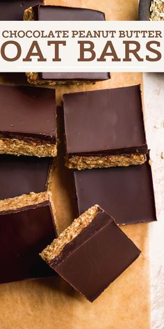 chocolate peanut butter oat bars cut into squares and stacked on top of each other